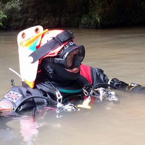 The injured diver in a stretcher (workshop) at Wookey Hole (Pic: G.Smith)