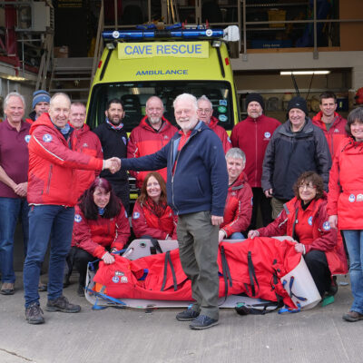 BCRC Chairman, Peter Dennis, thanking Russell Myers, BCA for generous support in the production of casualty bags and rescue jackets for distribution to the cave and mine rescue teams across Britain and Ireland.